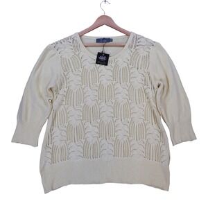 Willow Sweater Womens XL Cream 100% Cotton 3/4 Sleeve Pointelle Knit‎ Crochet